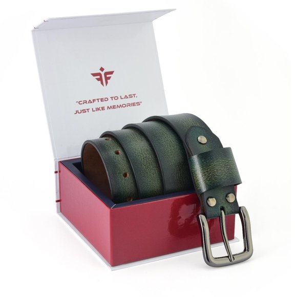 Forest Green Vintage Oil Waxed Full Grain Leather Belt - Free Personalization - Picture 6 of 15